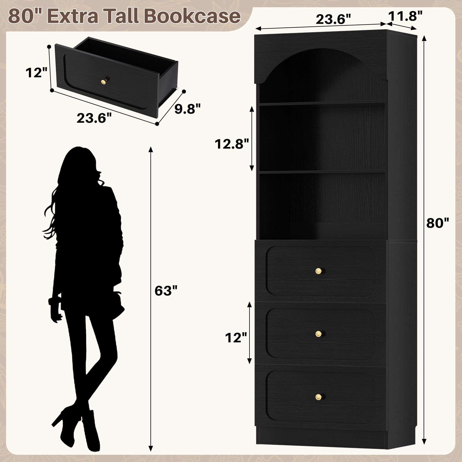 Homieasy 80" Tall Arched Bookcase with 3 Drawers & 3 Open Shelves - Wooden Storage Cabinet for Living Room, Kitchen, Office,Black