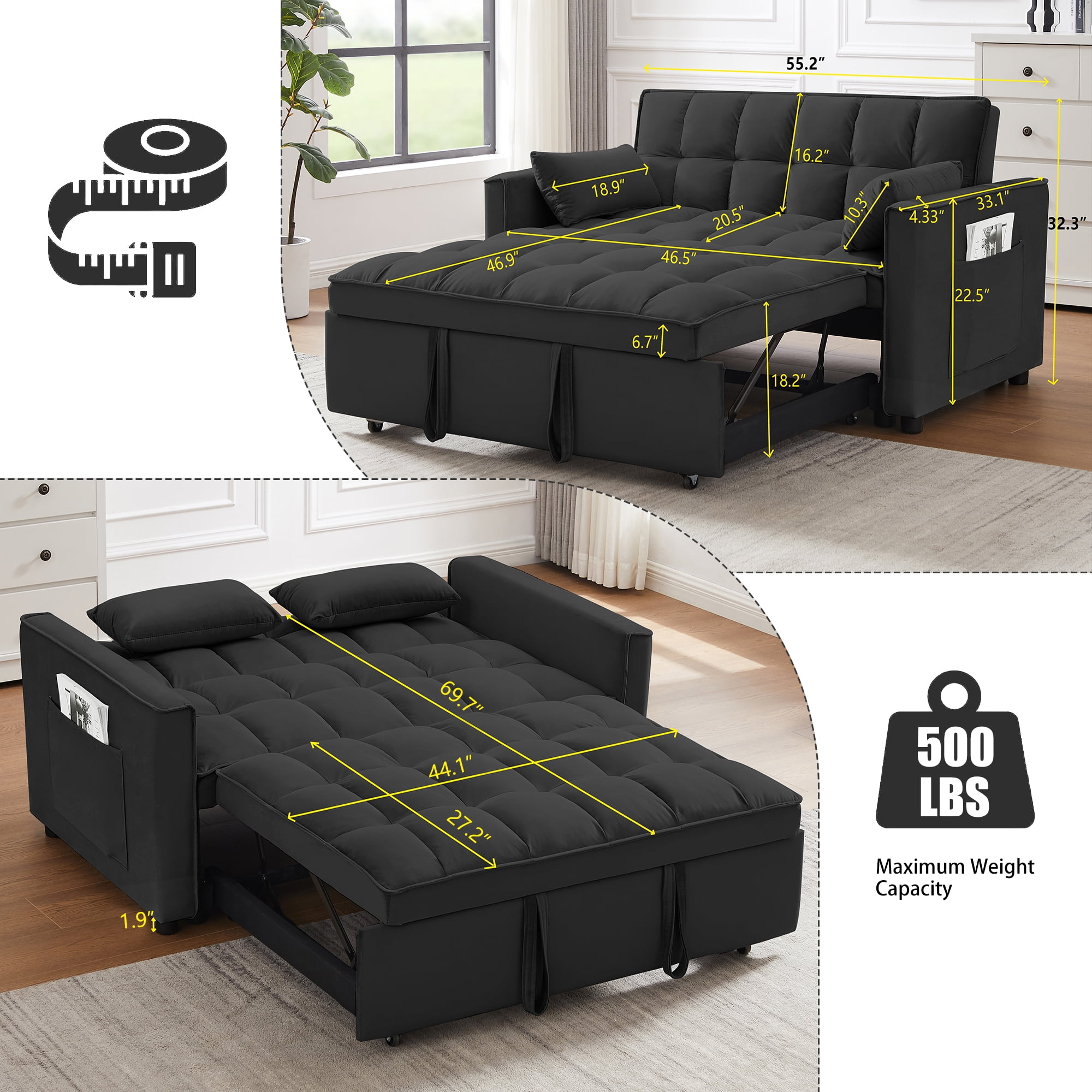 Leumius 55 Inch Convertible Futon Sofa Bed,Modern Loveseat Sleeper Sofa Couch with Pull-Out Sofa Bed for Living Room,Small Space - Black