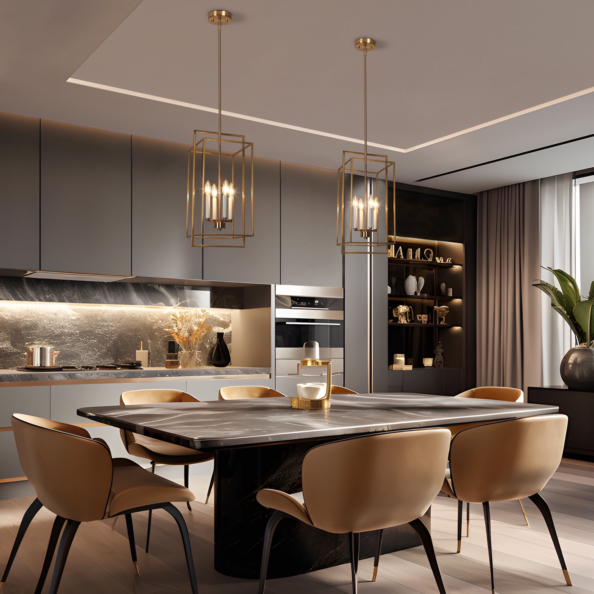 LNC 4-Light Polished Gold and White Candle Modern Linear Hanging Kitchen Island Light