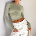 thumbnail image 4 of Camiseta Corta Ajustada para Mujer para Salir, Informal, de Color Liso, con Cuello Redondo y Larga Verde L, 4 of 8