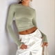 thumbnail image 4 of Camiseta Corta Ajustada para Mujer para Salir, Informal, de Color Liso, con Cuello Redondo y Larga Verde L, 4 of 8