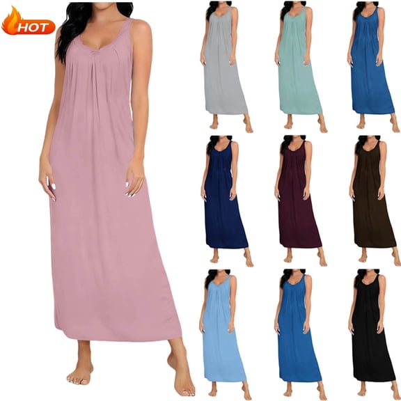 Taqqpue Long Nightgown, Womens V Neck Loungewear Oversized Sleepwear Loose Sleep Dress Casual Solid Color Sleeveless Sleepshirts for Women S-XXL