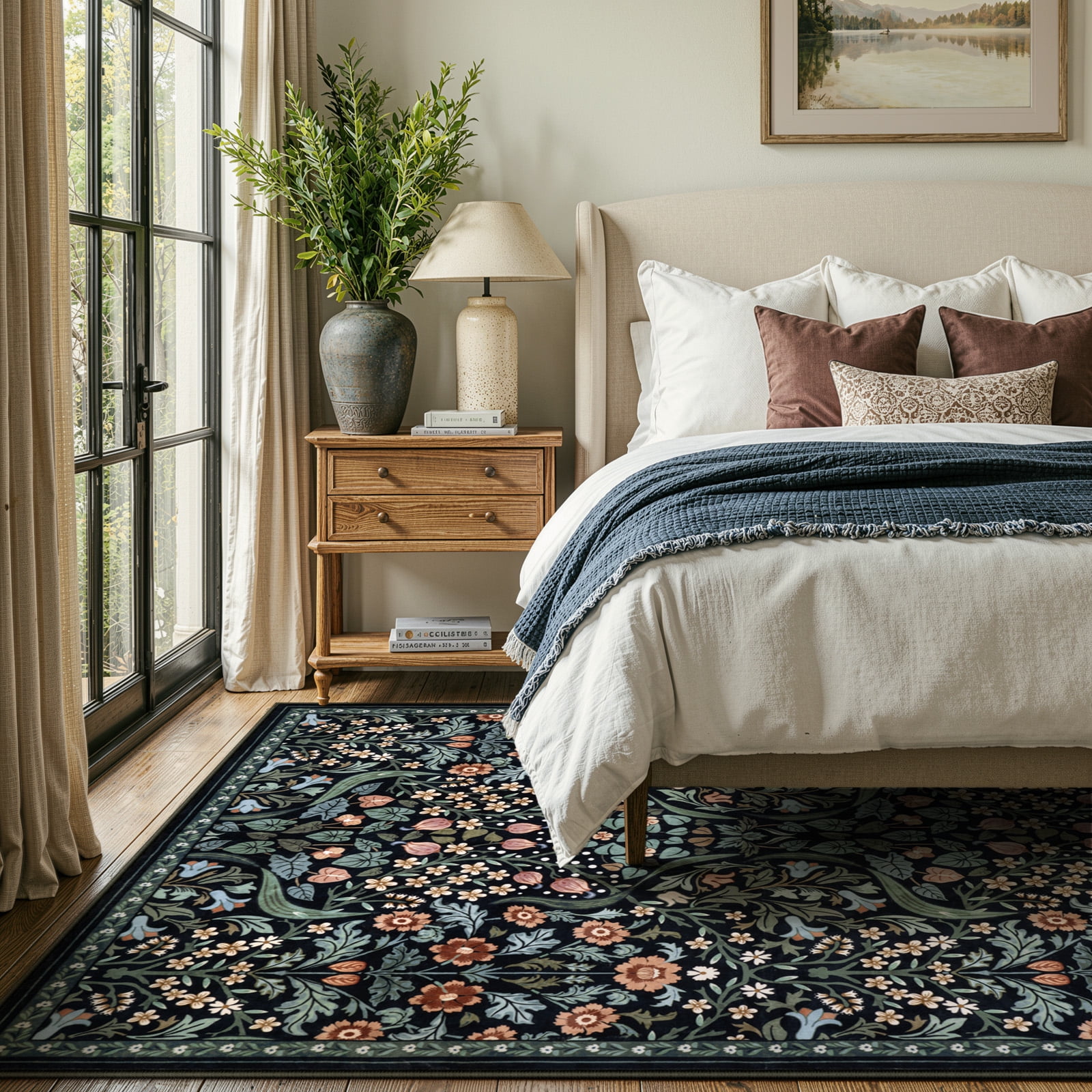 Lahome Floral 5'x7' Living Room Area Rug, Soft Washable Rugs for Bedroom, Non Slip Ultra Thin Boho Rug Botanical Stain Resistant Floor Carpet for Dining Room Home Office, Black