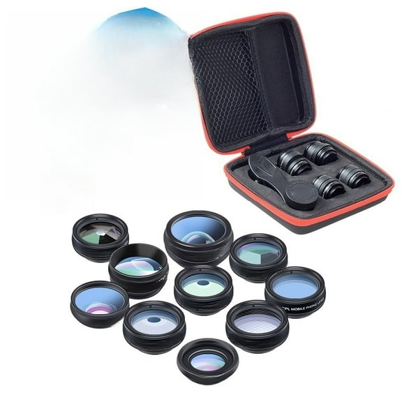 10 in 1 Lens Kit Fisheye Wide Angle Macro Lens Telephoto Lens Kaleidoscope Flow Filter Radial Filter for Cell Phone Camera