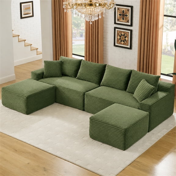 Aukfa 115" Cloud Sectional Sofa U Shape Modular Boneless Couch for Living Room, 2 Ottoman&Pillows, Corduroy, Green