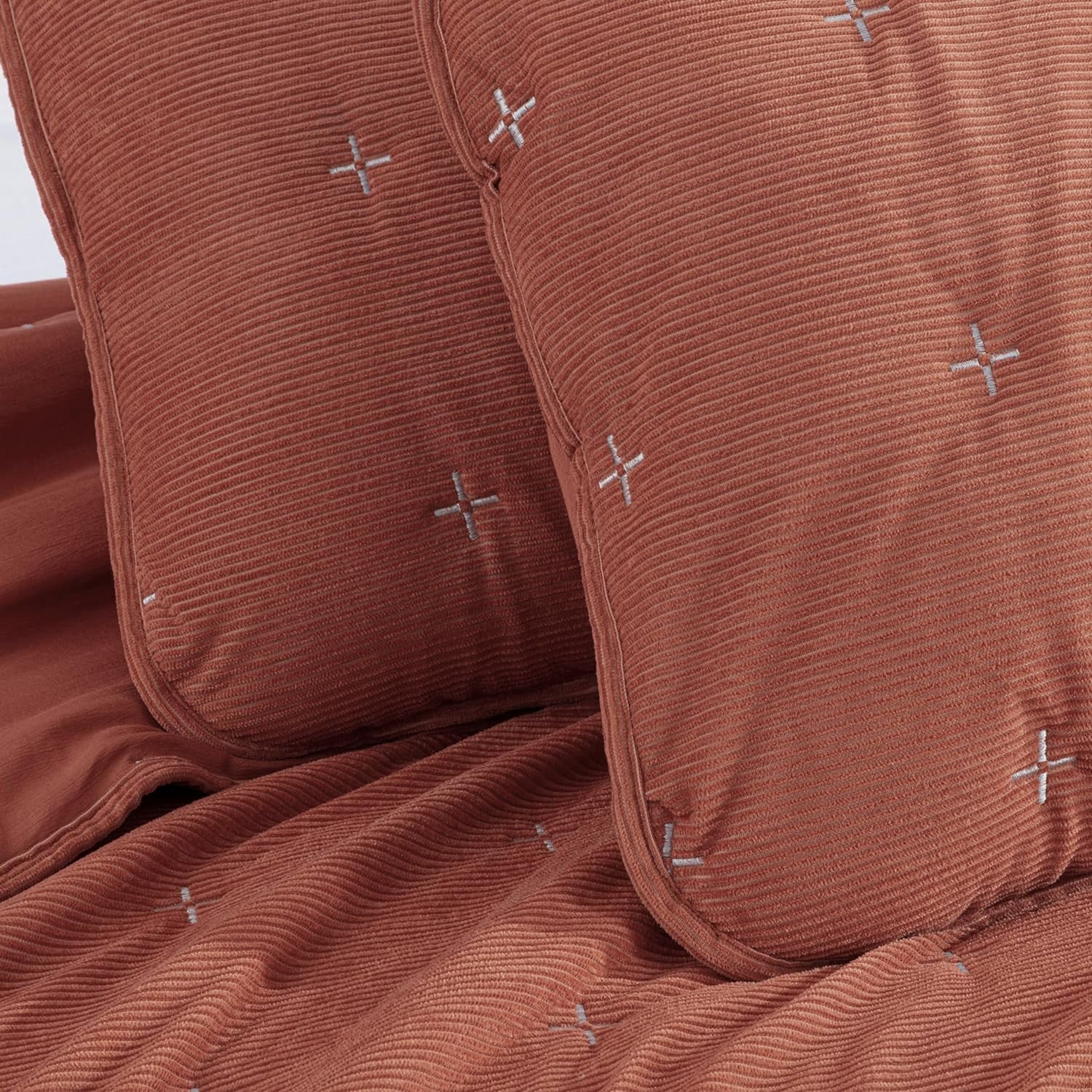 Chezmoi Collection Corduroy Queen Quilt Set Terracotta, 3-Piece Luxury Soft Cross Stitch Polyester Corduory Lightweight Bedspread, 1 Quilt 90 in x 94 in and 2 Pillow Shams 20 in x 26 in