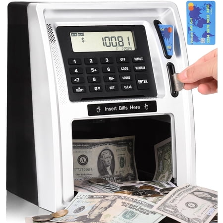 Talking ATM Piggy Bank for Real Money with Dual Debit Cards, Power-Off Memory, Auto-Opening Drawer, Onekey Shutdown, Bill Feeder, Coin Recognition, Balance Calculator Machine