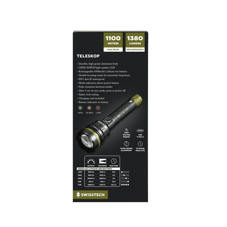 Swiss Tech Teleskop 1380 Lumen, Long Beam, LED Rechargeable