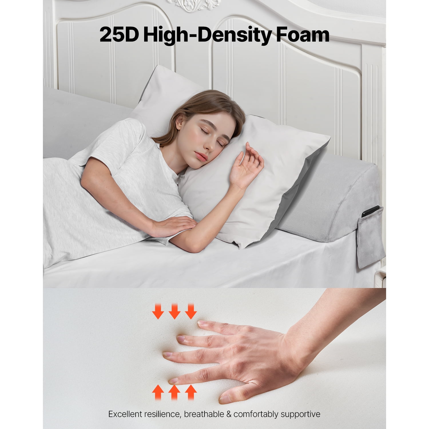 KFFKFF King Size Bed Wedge Pillow for Headboard, 76"x10"x6" Gap Filler, Covers 0-7" Space Between Mattress and Headboard, Plush Backrest Pillow with Side Pocket, Gray