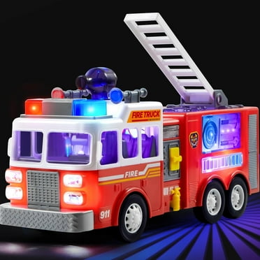 Joyfy Fire Truck Toy, Bump and Go Fire Engine Trucks with LED Projections & Sirens, Boys & Girls Firetruck for Kids Birthday