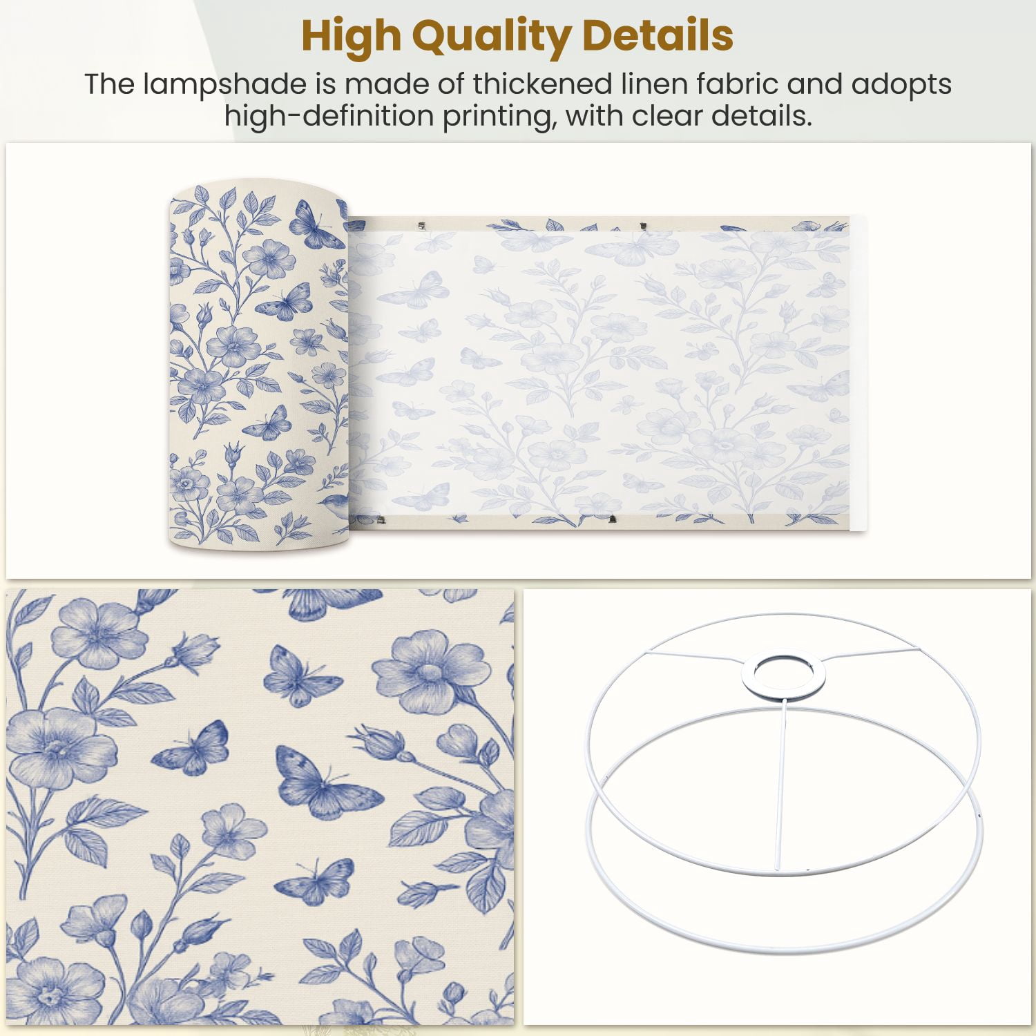 Linen Drum Lampshades Vintage floral Seamless Wild Roses butterflies Blue white 13"x13"x10" Light Shade for Table Lamps Floor Lamps Drum Lamp Shades Lampshade Replacement Assembly Required