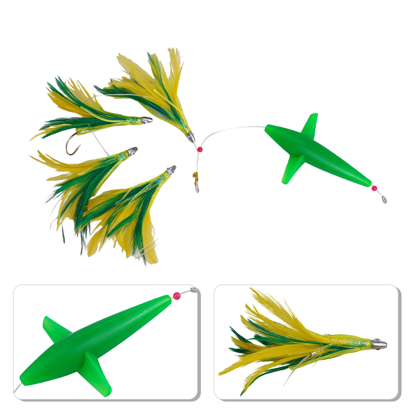 YAAQII for Feather Trolling Skirt Tuna Lure Big Game Fishing Bait Rigged with Steel Hook Dark Green Blue Plastic Offshore Saltwater Trolling Lures Bird Teaser