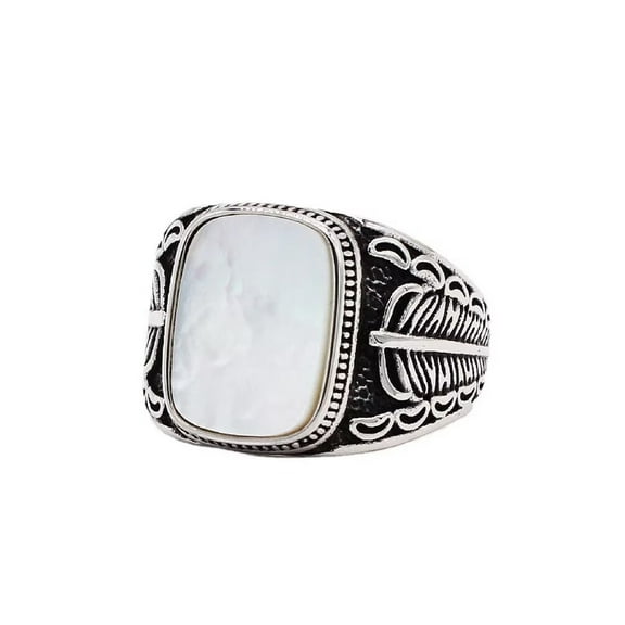 PAMTIER Unisex Stainless Steel Vintage Classic Square Cut White Seashells CZ Signet Biker Ring Feather Pattern Gemstone Wedding Band Silver Size 7
