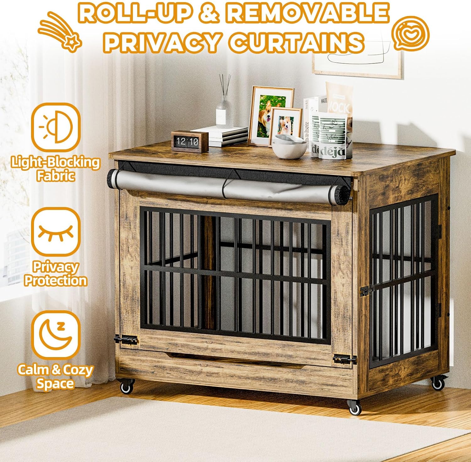42" Wooden Dog Crate Furniture with Double Door, Lockable Wheels & Blackout Curtain, Decorative Indoor Pet Kennel End Table for Large Breed Dogs, Rustic Brown