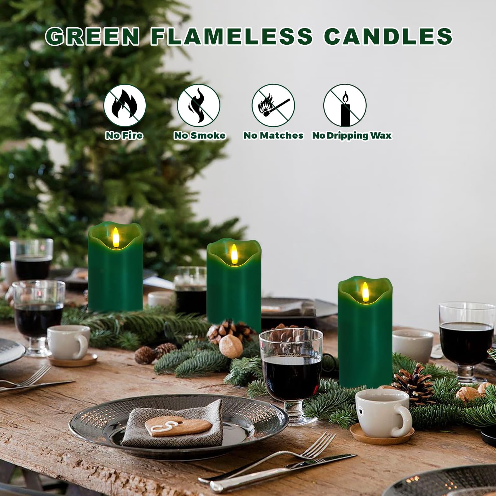 Flameless Candles Light, Set of 2 6"x3" Flickering Christmas Flameless Candles with Remote & Timer, Dimmable Real Wax Pillar Candles Battery Operated, Green Candles for Home Xmas Decor