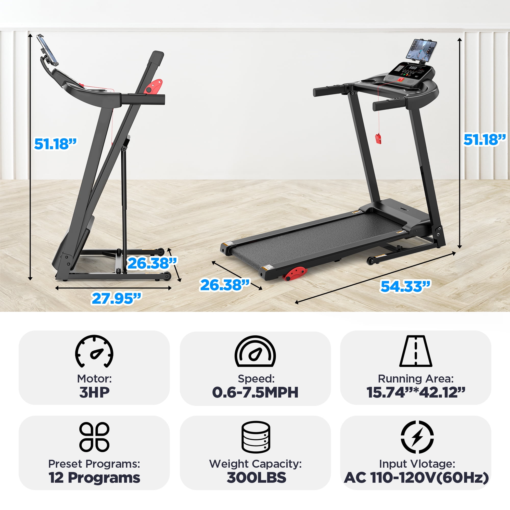 3HP Treadmill with Incline and Handles, Portable Foldable Heavy Duty Treadmill for Home, 300-350 lbs Capacity, 7.5 MPH, 71 Programs, Free App Workouts, Walking, Jogging, Running Machine