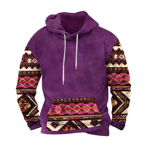 DeHolifer Oversized Sweatshirts for Men Aztec Print Drawstring Long Sleeve Hoodies Pullover Sweatshirts with Pocket Purple 3XL