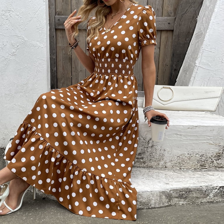 SMihono Women's Summer V-Neck Short Sleeve Polka Dot Ruffle Dress with Belt  A-Line Long Maxi Dresses Coffee 8 - Walmart.com