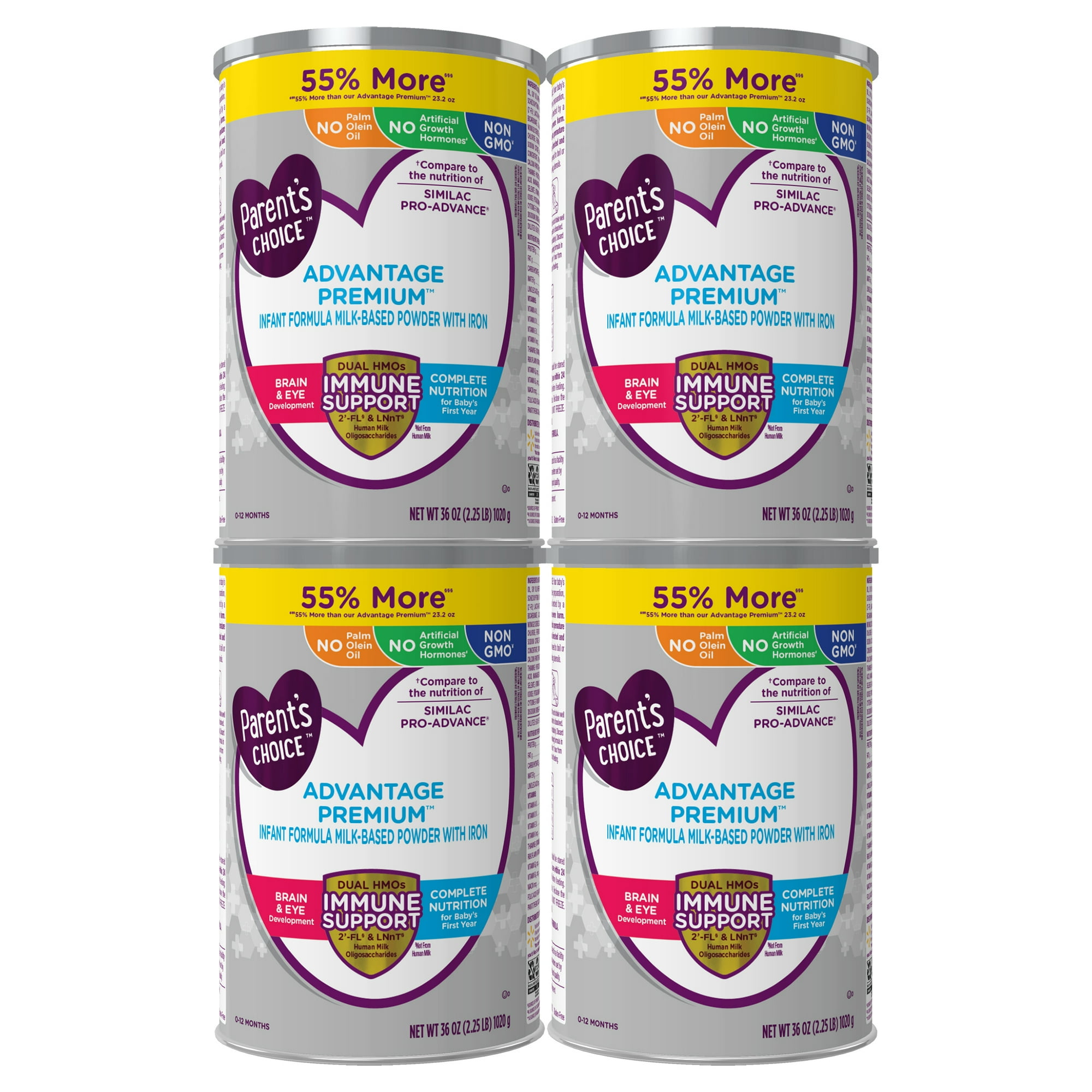 Parent's Choice Advantage Premium Infant Formula, Milk-Based Powder with Iron, 36 oz, 4 Pack