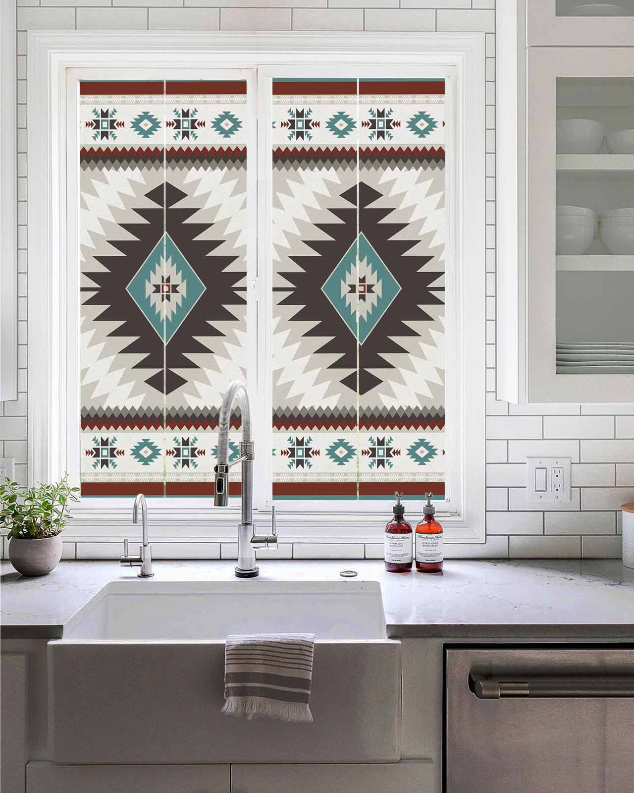 Window Privacy Film Turquoise Gray Boho Stained Glass Window Film Decorative Sun Block Window Cover Southwestern Ethnic Geometric Window Clings Static Adhesive Sticker for Bathroom 19.6"x39.3"