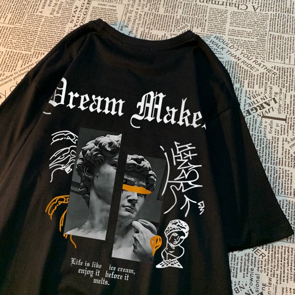 Dream Maker Brave Sculpture Pattern Tshirts Men Vintage Comfortable Casual Wear Couple Cotton T Shirts Loose Crewneck T-Shirt