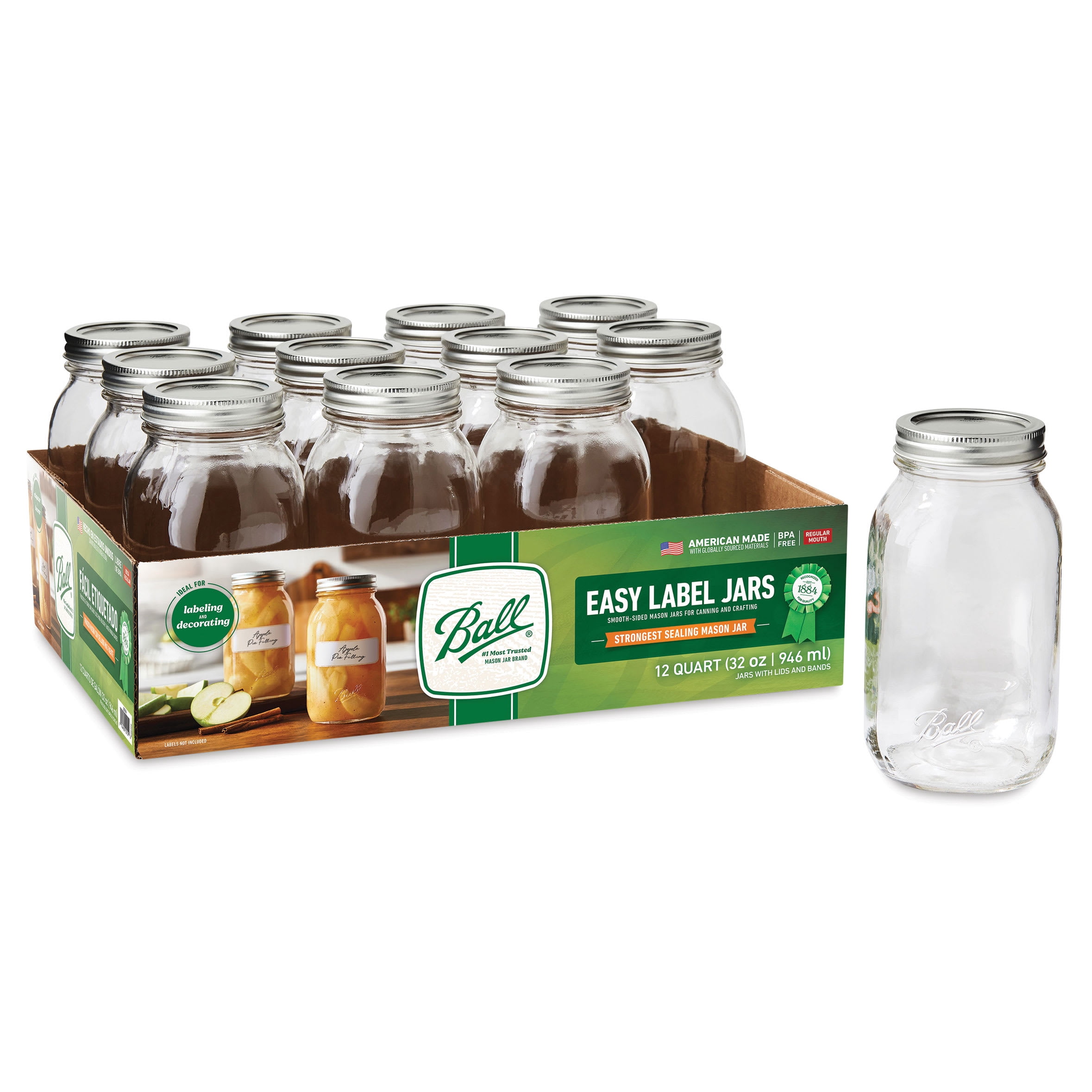 Ball 32 oz Wide Mouth Quart Glass Mason Jars with Lids and Bands