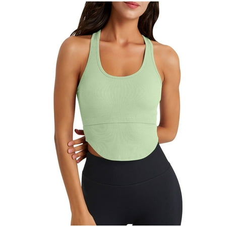 Bigersell Cropped Tank Tops for Women Wireless Sports Bras T-Back Workout Crop Tops with Built in Bras Comfort Soft Ribbed Padded Running Yoga Bra Athletic Tops Wire-Free Bras Green S