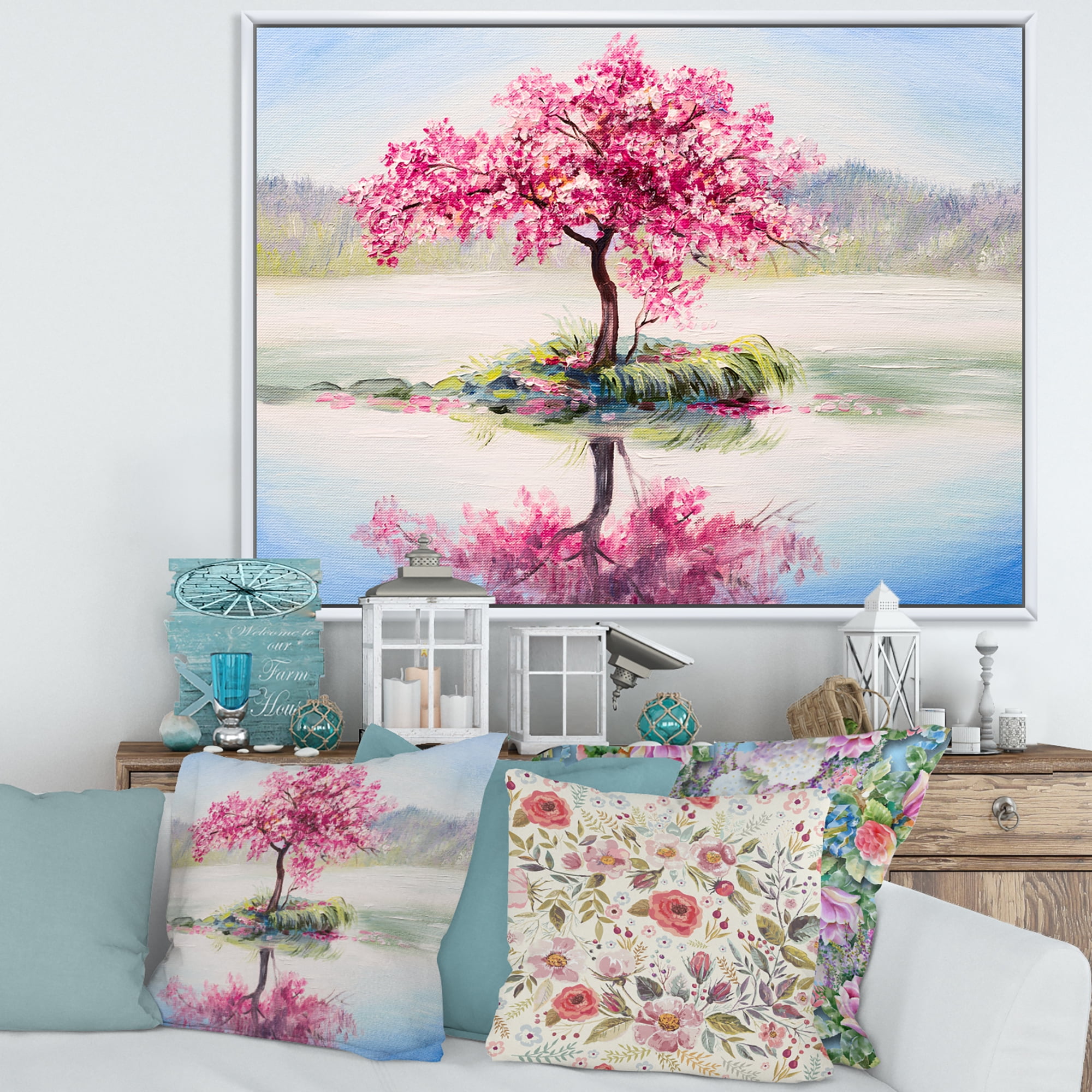Designart 'Oriental Cherry Pink Tree Sakura On The Lake' Lake House Framed Canvas Wall Art Print