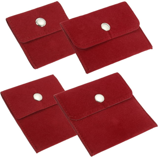 HUGFEGWE Jewelry Pouch Set, 4 Sizes Velvet Pouches Snap Button Portable Storage Bag for Earrings Bracelets Necklaces Rings Watch, Red 4 Pack CA919-69543
