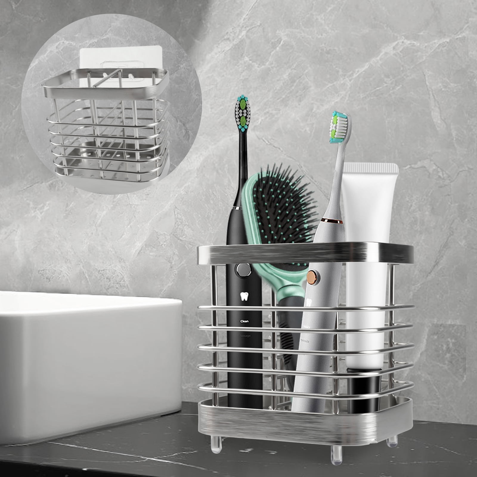 Stainless Steel Toothbrush Holder With Marble Base - 3 Slot Bathroom Organizer, Non-Slip