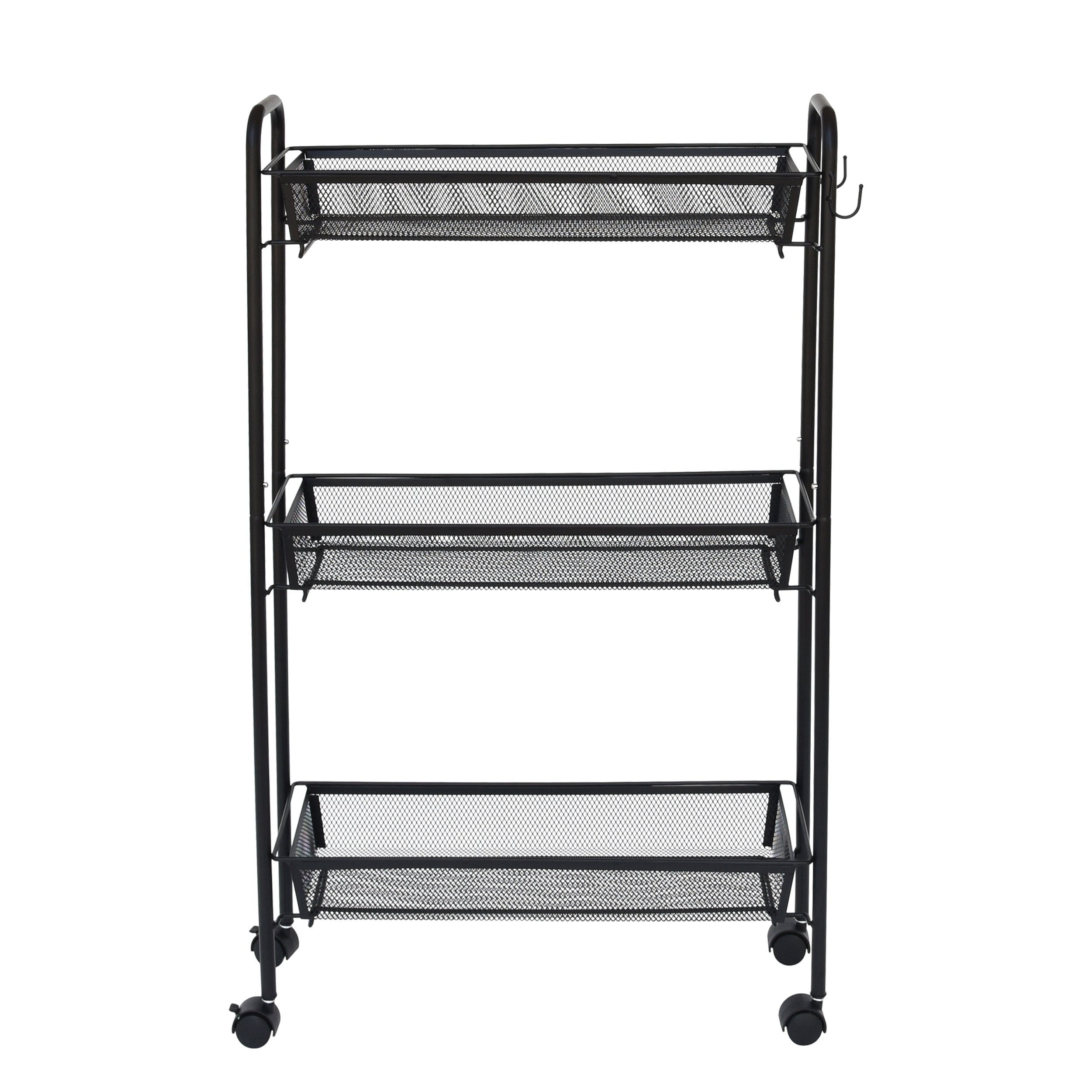 Mainstays Slim 3-Tier Rolling Bathroom Storage Cart with Hooks, Black