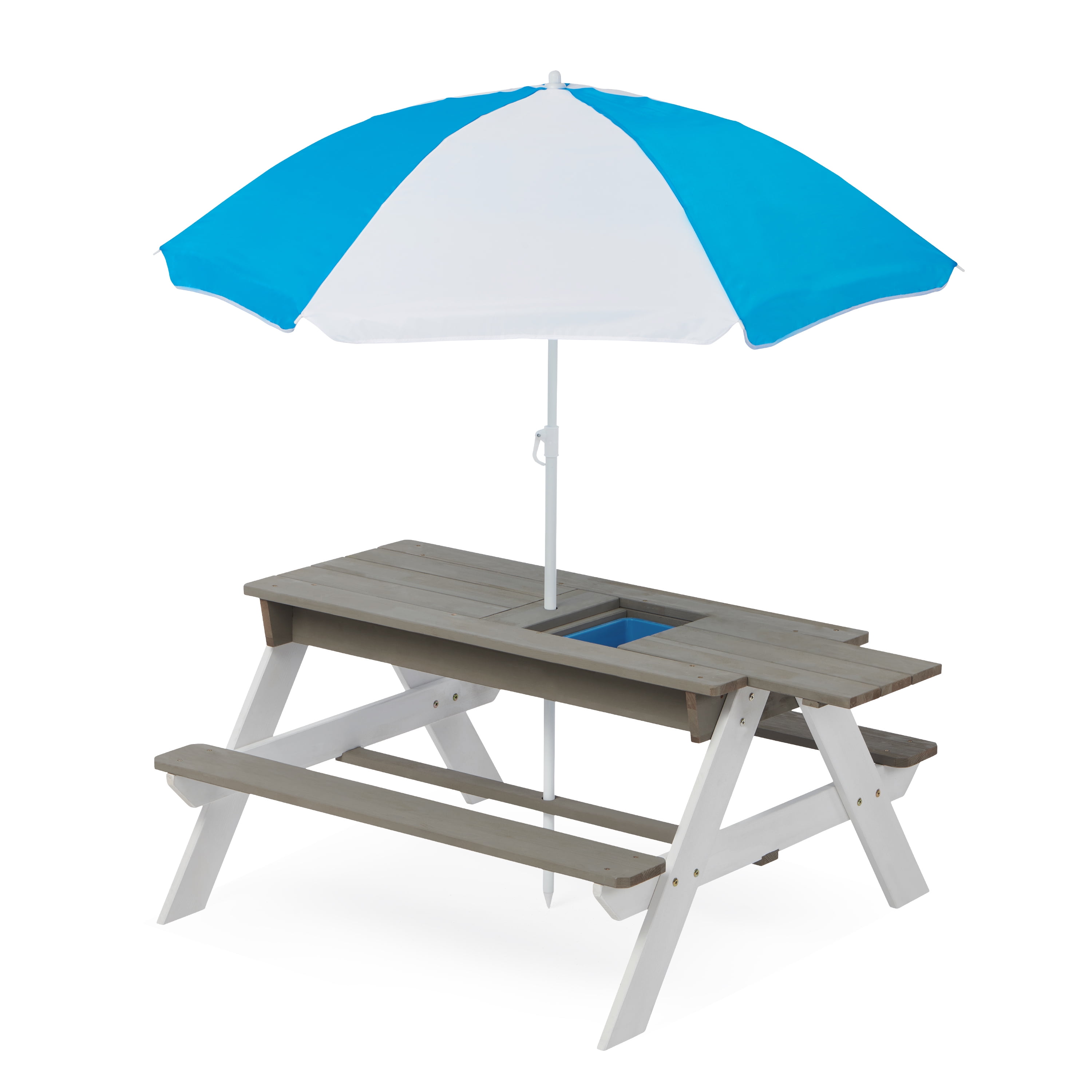 3 in 1 Kids Outdoor Wooden Picnic Table With Umbrella, Convertible Sand & Wate, Gray