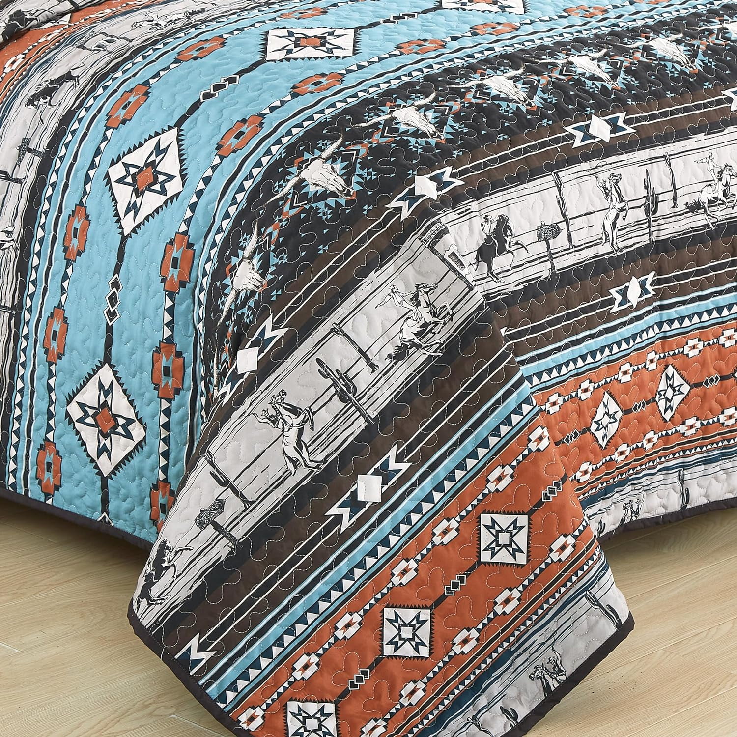 Chezmoi Collection Boone 3-Piece Southwestern Cowboys Rodeo Quilt Set King, Multicolor Blue Brown Beige Clay Printed Microfiber Lightweight Bedspread Set for All season