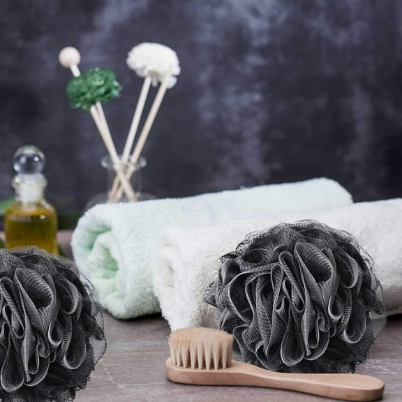 2 Pack Large Shower Loofah Sponge, Mesh Bulk Pouf Sponge Bath Puff, Black Bath Ball, Men Women Bathroom Exfoliating Accessories (2 Pack, Black)