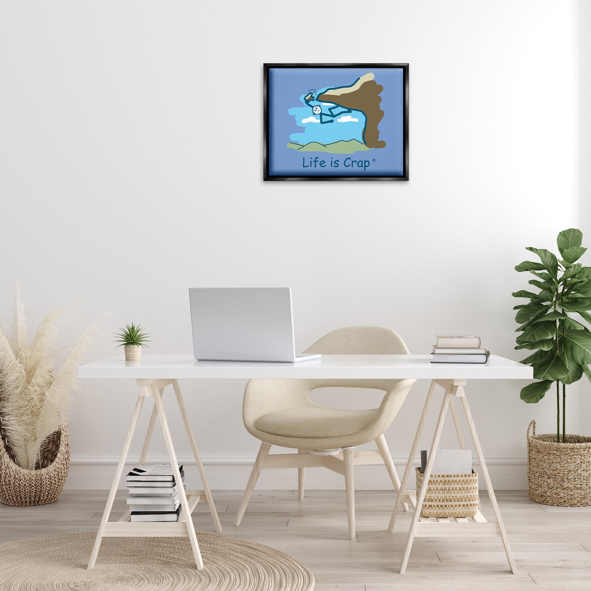 Stupell Industries Falling Rock Climber Novelty & Humor Painting Black Floater Framed Canvas Art Print Wall Art, 21 x 17