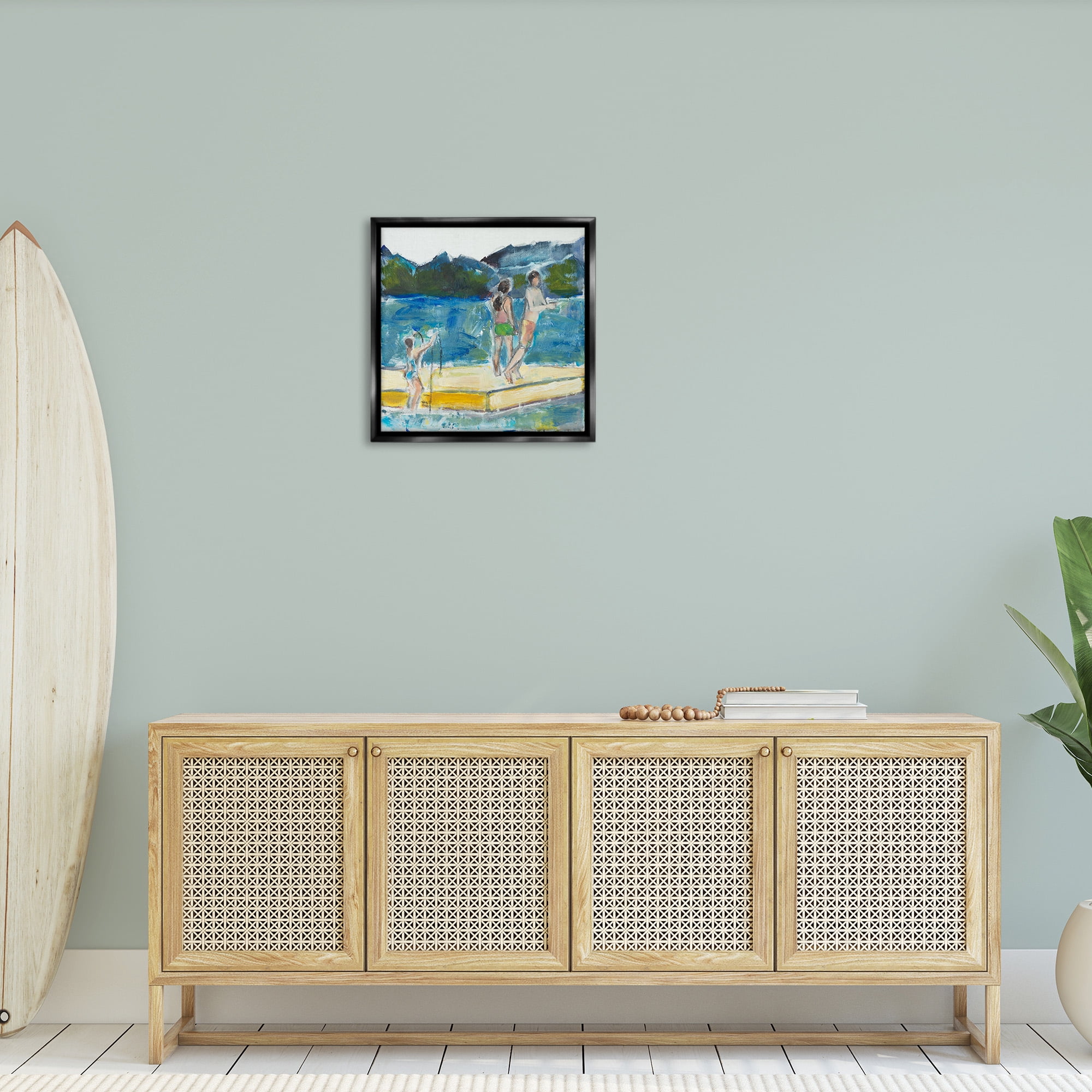 Stupell Industries Kids on Swimming Dock Abstract Sports Painting Black Floater Framed Canvas Art Print Wall Art, 25 x 25