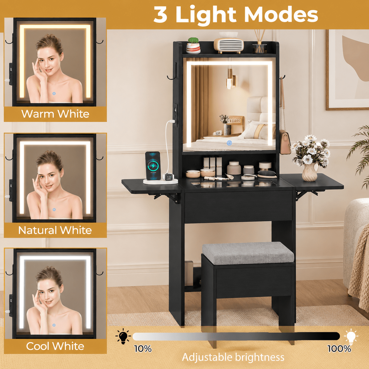 Furnibear Space-Saving Vanity Desk with Mirror and Lights, Foldable Makeup Vanity Table and Storage Stool with Charging Station for Bedroom, Black