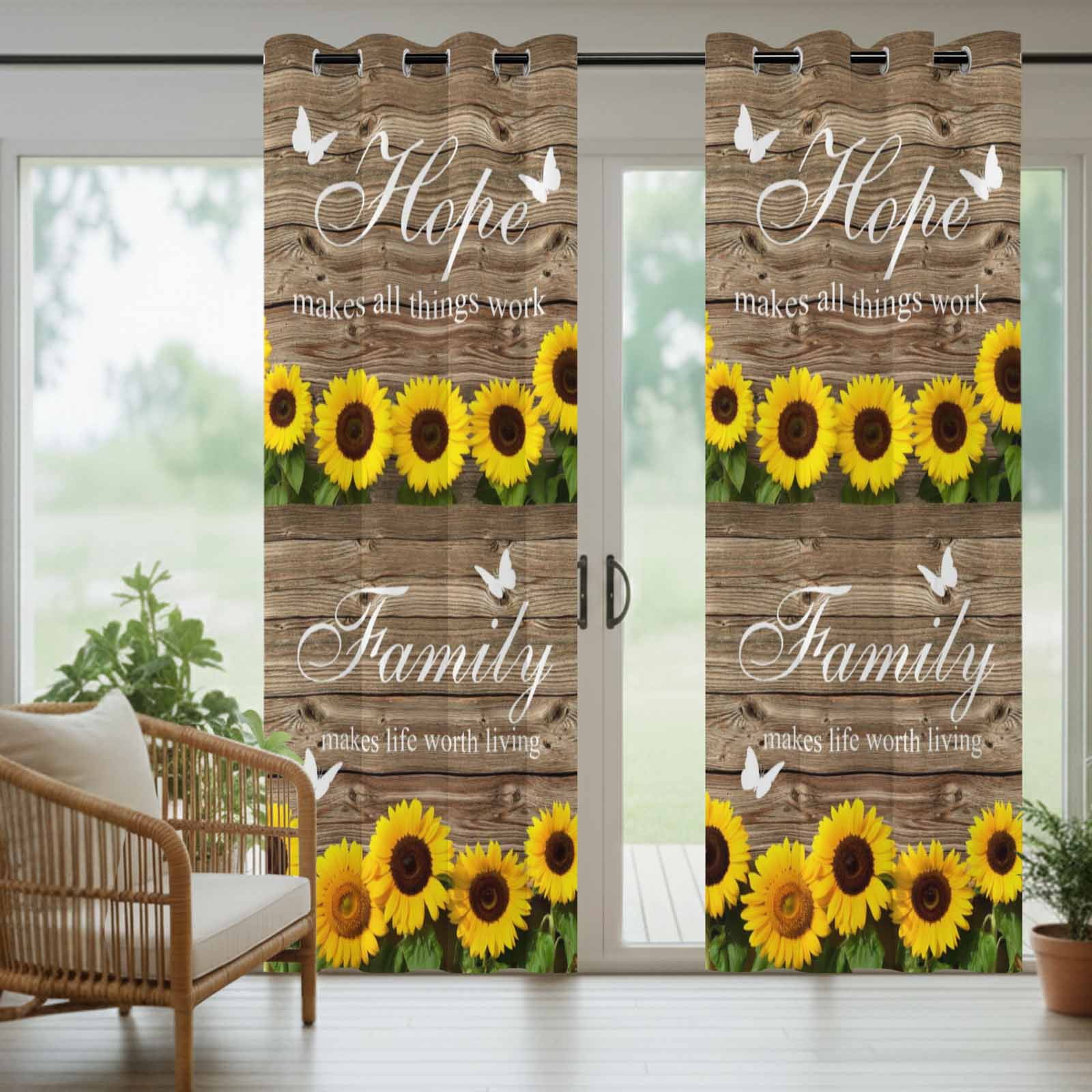Outdoor Curtains for Patio Waterproof, Spring Sunflowers Outdoor Privacy Panels Grommet, Farmhouse Brown Wooden Plank Blackout Outside Curtains for Porch/Cabana/Pergola/Gazebo 54"x108", 1 Panel