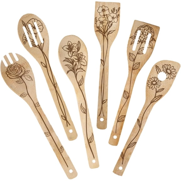 6Pcs 6 Styles Bamboo Cooking Utensils Floral Wooden Spoons 2.4 x 11.8 Inch Durable Kitchen Wood Spoons Set