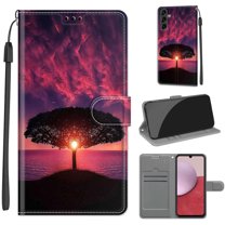 Flip Wallet Case for Samsung Galaxy A14 5G, with Kickstand Credit Card Holder Slot Cute Pattern Magnetic Clasp Premium PU Leather Protective Case with Wrist Strap - Black Tree   Sunset