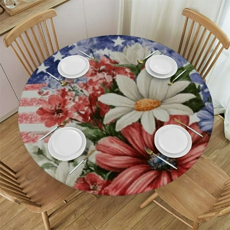 

XINLUO Waterproof Reusable Table Cloth Round Fitted Tablecloth with Elastic Edged for Outdoor Party Independence Day American Flag Flower Border Table Cover 46 -50
