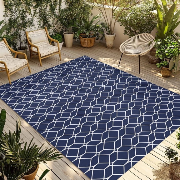 Navy Blue Geometric Outdoor Rug for Patio/Deck/Porch, Non-Slip Large Area Rug 6 x 9 Ft, Modern Abstract Blocks Lines Indoor Outdoor Rugs Washable Area Rugs, Reversible Camping Rug Carpet Runner