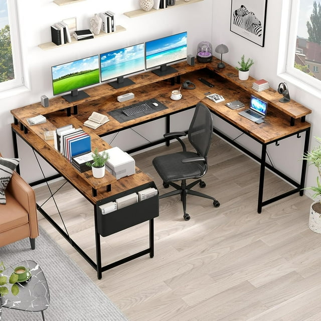 CABIHOME Bureau de Jeu, Bureau d'Ordinateur Réversible de 78 Pouces avec Prises de Courant, Lumières DEL, Support pour Moniteur et Tablette de Rangement, Table PC en Forme de U/L pour Bureau à Domicile