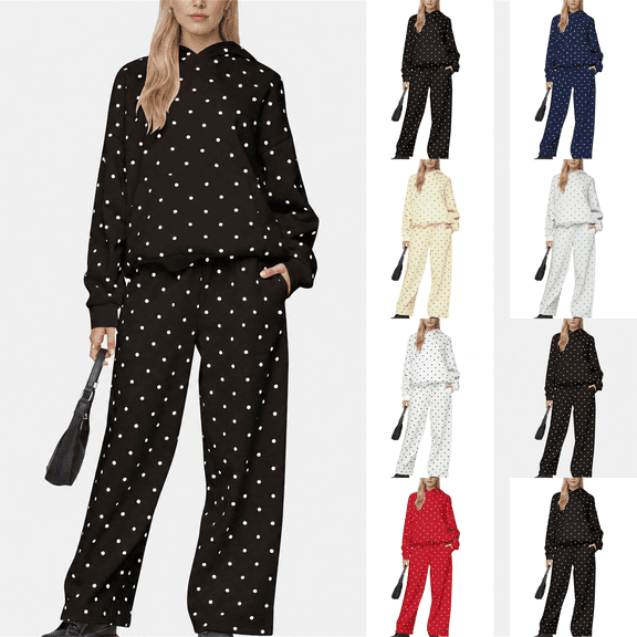 Polka Dot Set Women Oversized Hoodie and Wide Leg Sweatpants Comfy and Cozy Fleece Sweatsuits Large Kangaroo Pocket 2 Piece Sweat Set For Streetwear Airport Daily Home Wear