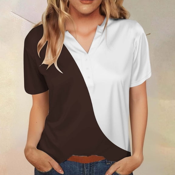 Sweet Home Farm Short Sleeve Shirts for Women Fashion Casual Solid Color Patchwork Button Sleeved Top T Shirt T Shirts for Women Beige