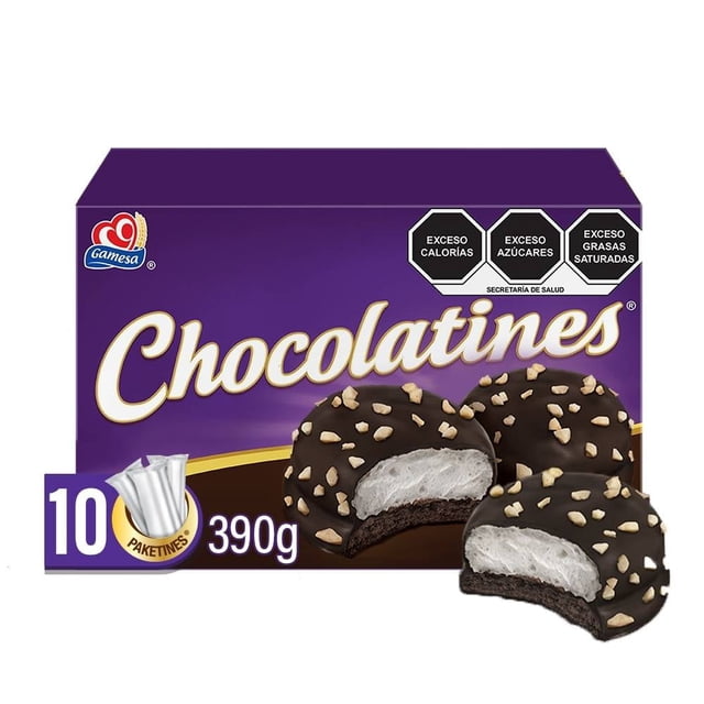 Galletas Chocolatines malvavisco con cobertura sabor chocolate y cacahuate 390 g, caja morada con 10 paketines. Galletas con textura suave y crujiente, malvavisco blanco en el centro, cubiertas de chocolate con trozos de cacahuate, ideales como postre práctico para la escuela o la oficina.