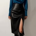 thumbnail image 5 of qolati Womens Fuax Leather Skirt Bodycon High Waist Slit Hem Pencil Skirts Trendy A Line Wrap Club Party Midi Skirt, 5 of 7