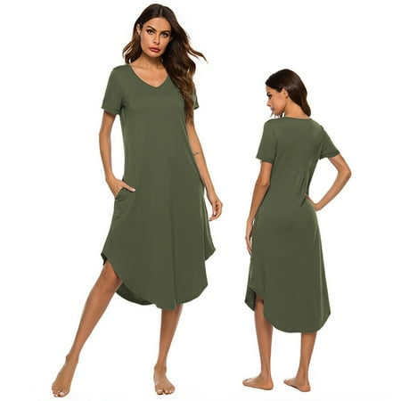 

Women s Long Sleep Dress V Neck Sleepwear Solid Color Casual Nightwear