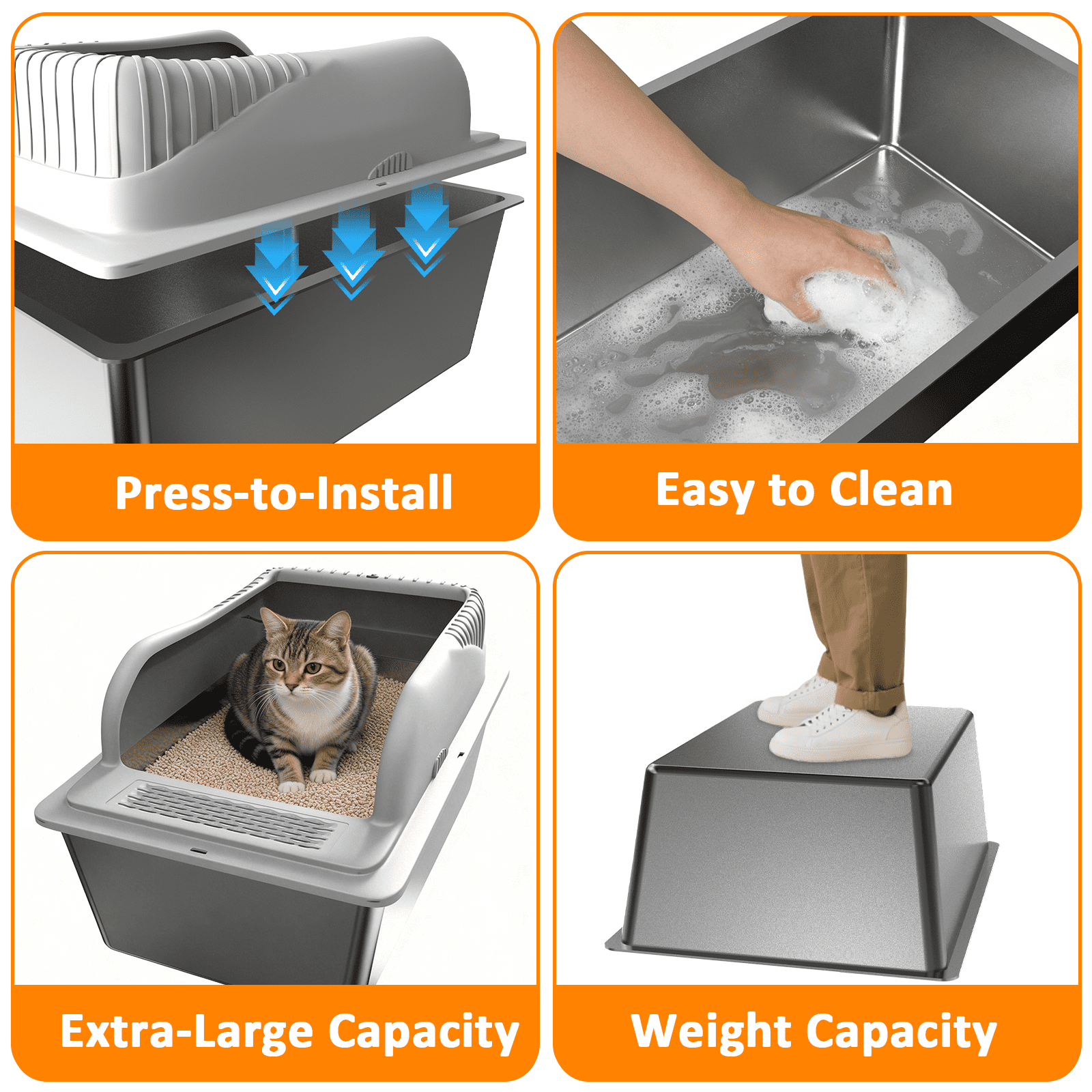 Stainless Steel Cat Litter Box with High Side, Extra Large Litter Box with Lid for Big Cats, Non-Stick Litter Pan with Scoop and Footboard, XL, Gray