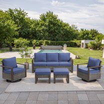 POCASSY 5PCS Patio Furniture Set with Sofa, Swivel Chair and Ottoman, All Weather Wicker Conversation Set Outdoor Seating Group for Pool, Backyard, Garden, Gray Wicker Blue Cushion